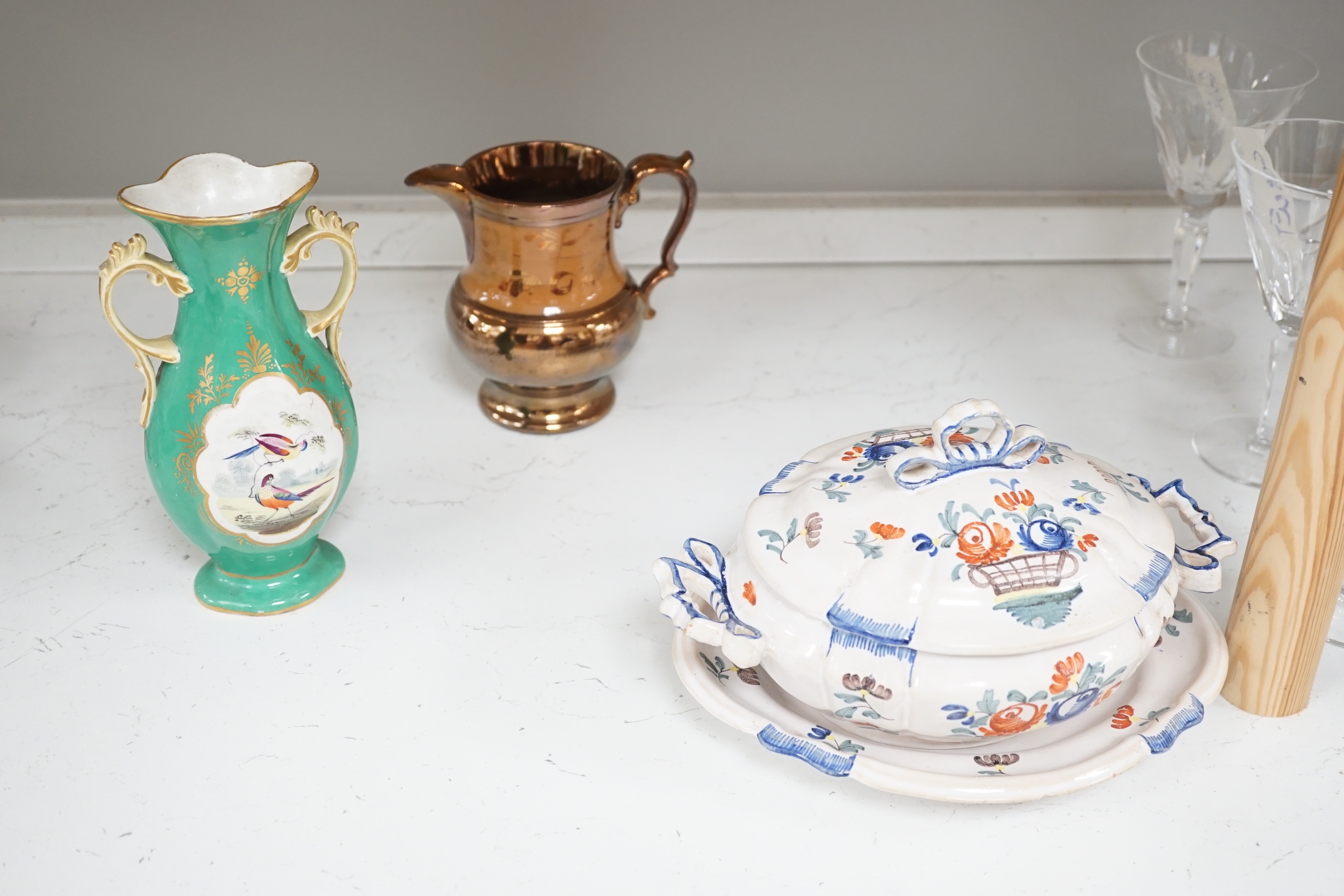 A group of Continental and English ceramics including Cantagalli plate, a Quimper coffee pot etc., tallest 21cm high (8)